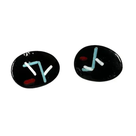 Vintage Artsy Oval Enamel Copper Screw Back Earrings Mid Century Art Abstract - Picture 2 of 8